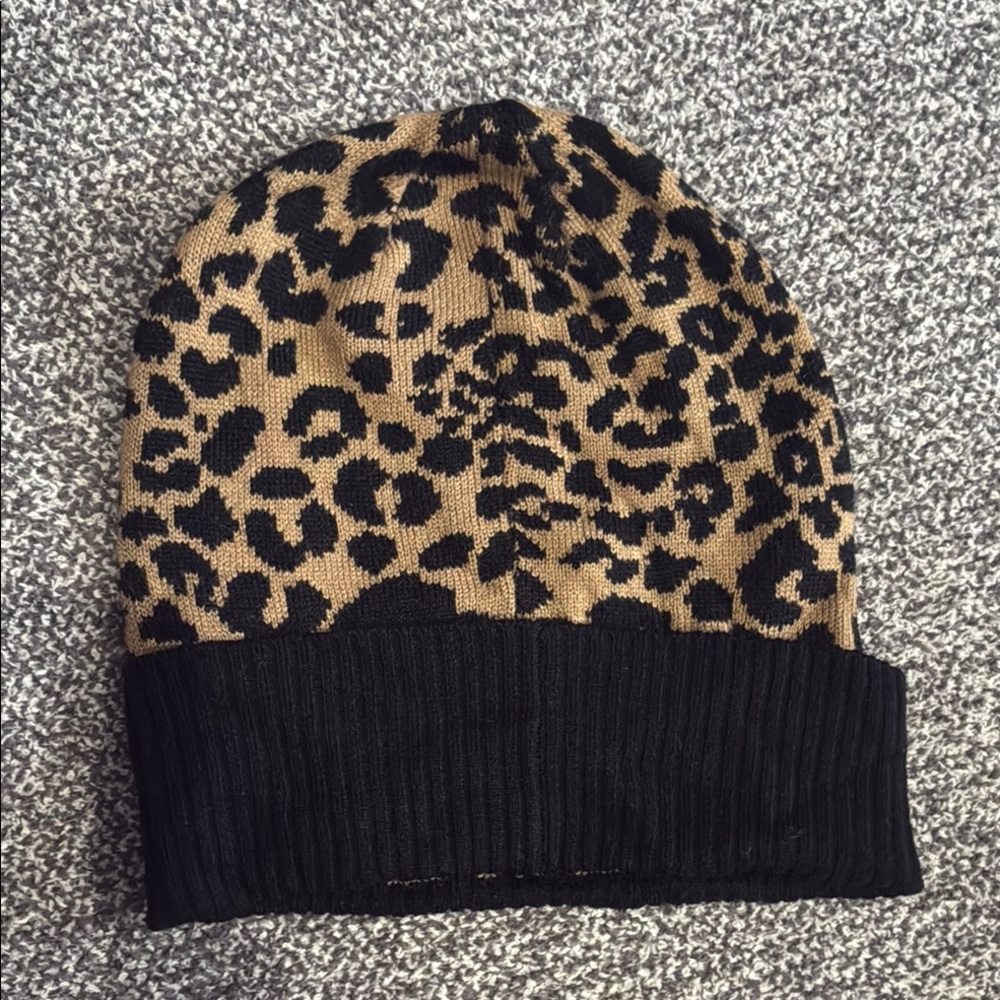 Michael Kors Leopard Print Knit Beanie in Tan and Black - Picture 3 of 8